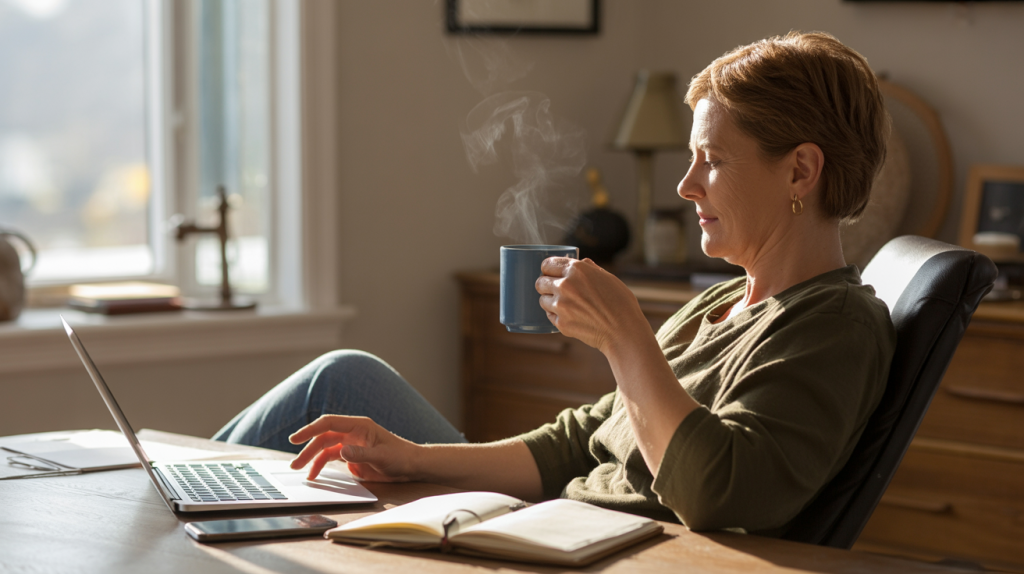 Mikroproduktivitaet im Alltag: Person über 40 arbeitet entspannt am Laptop und macht kleine produktive Schritte