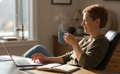 Mikroproduktivitaet im Alltag: Person über 40 arbeitet entspannt am Laptop und macht kleine produktive Schritte