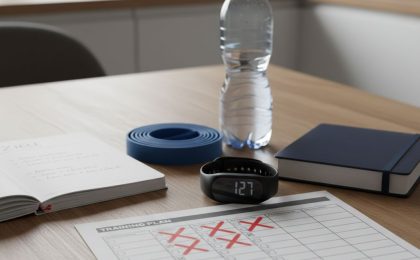 Trainingsplan mit ausgelassenen Terminen neben Fitness-Tracker und Notizbuch – Symbolbild dafür, warum viele Training ignorieren und dadurch ihre Fortschritte gefährden.