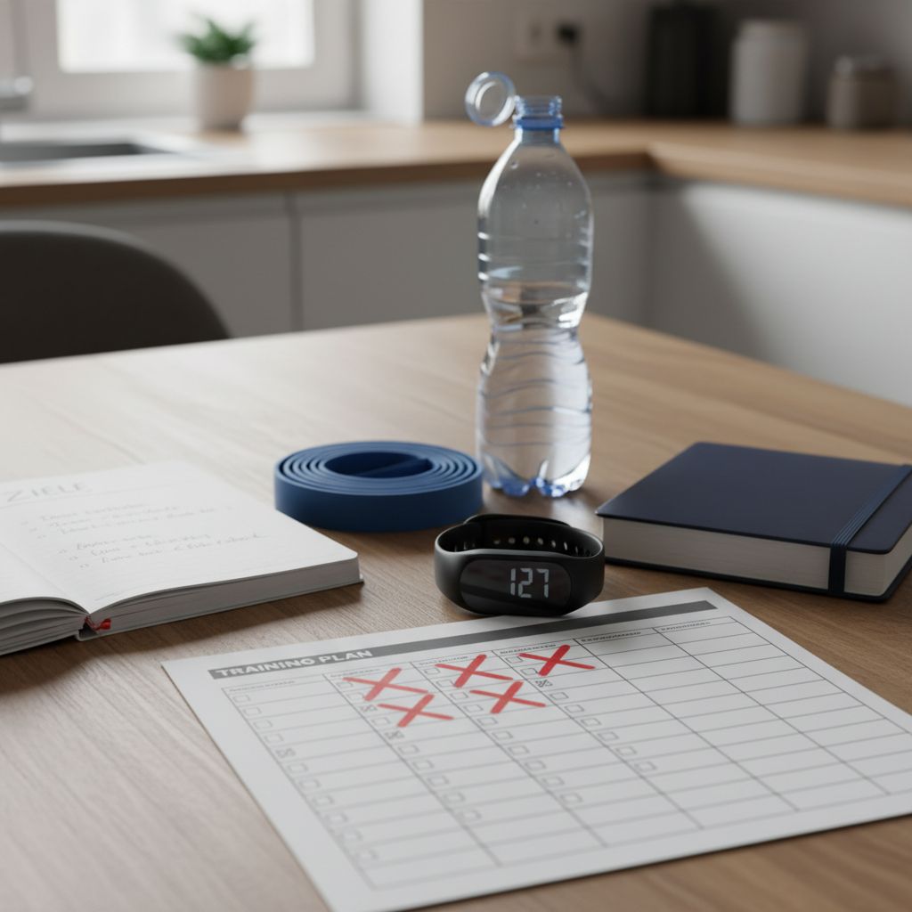Trainingsplan mit ausgelassenen Terminen neben Fitness-Tracker und Notizbuch – Symbolbild dafür, warum viele Training ignorieren und dadurch ihre Fortschritte gefährden.