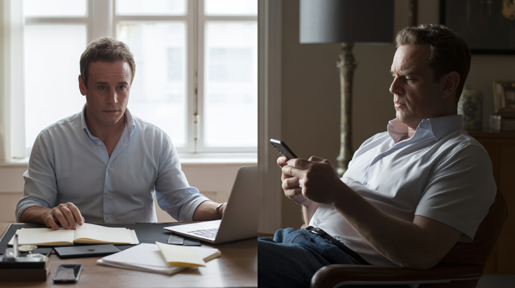 Darstellung von Prokrastination im Alltag und dem Versuch, aufschieben überwinden zu können – innerer Konflikt zwischen produktivem Arbeiten und Ablenkung