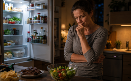 abends zu viel essen – person entscheidet abends zwischen snacks und gesundem essen