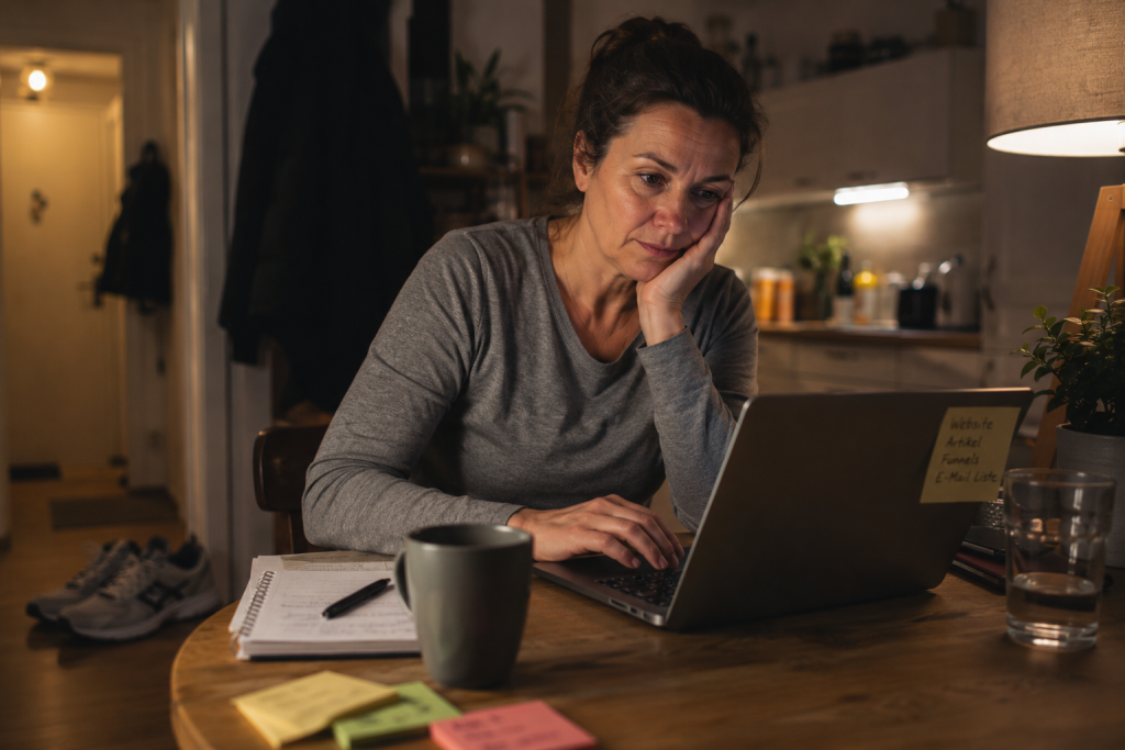 keine energie zum geld verdienen – erschöpfte person zwischen business und bewegung zuhause