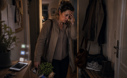 warum bin ich ständig müde – erschöpfte Person nach der Arbeit zwischen Stress, Alltag und fehlender Erholung