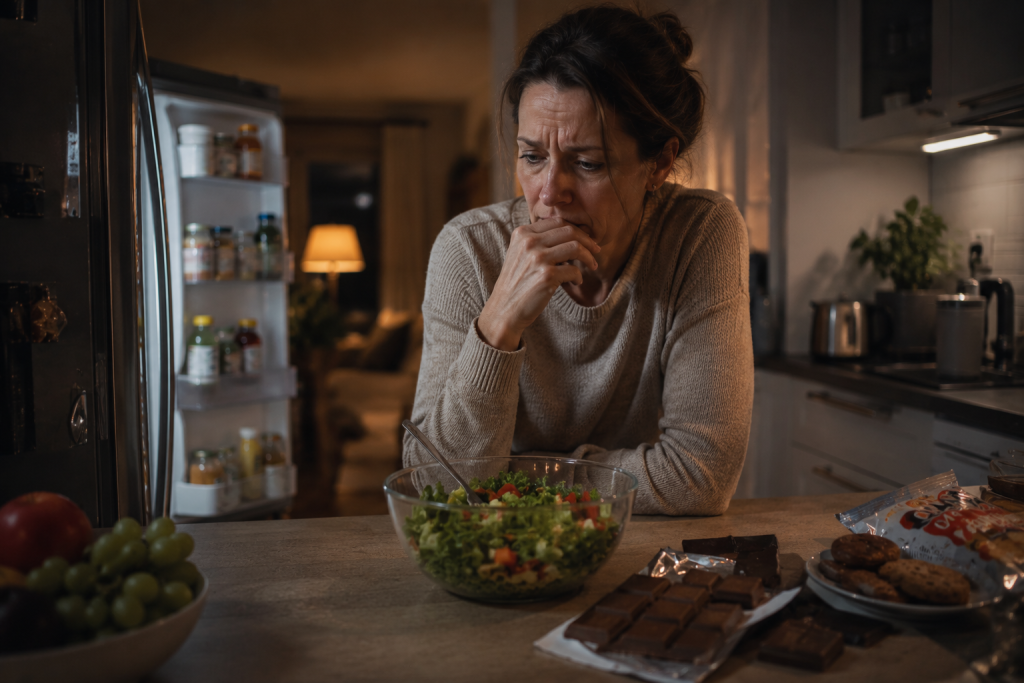 warum esse ich abends zu viel – erschöpfte Person steht abends zwischen gesunder Mahlzeit und Snacks in der Küche