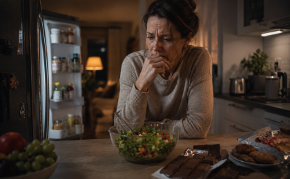 warum esse ich abends zu viel – erschöpfte Person steht abends zwischen gesunder Mahlzeit und Snacks in der Küche
