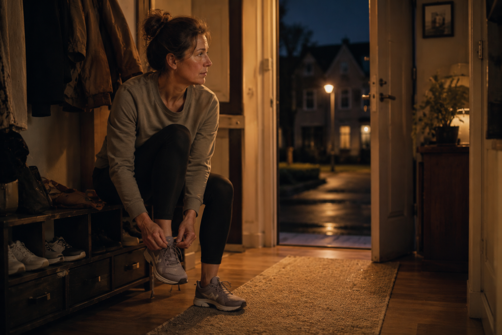 wie fange ich mit Bewegung an – Anfänger zieht abends zuhause langsam seine Laufschuhe an