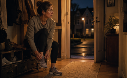 wie fange ich mit Bewegung an – Anfänger zieht abends zuhause langsam seine Laufschuhe an
