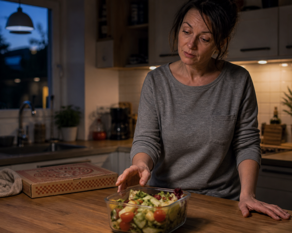 Ein realistisches Alltagsszenario in einer Küche, das die Entscheidung für eine vorbereitete gesunde Mahlzeit zeigt - ein praktisches Beispiel für Abnehmen ohne Disziplin.