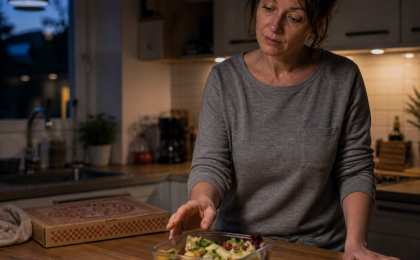 Ein realistisches Alltagsszenario in einer Küche, das die Entscheidung für eine vorbereitete gesunde Mahlzeit zeigt - ein praktisches Beispiel für Abnehmen ohne Disziplin.