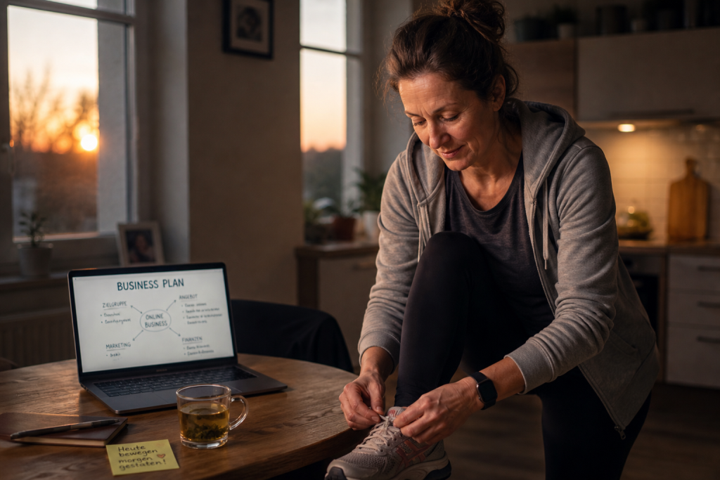 Person bereitet sich durch Bewegung darauf vor, ihre körperliche Energie steigern zu können, um produktiv am Laptop zu arbeiten.