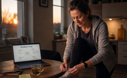 Person bereitet sich durch Bewegung darauf vor, ihre körperliche Energie steigern zu können, um produktiv am Laptop zu arbeiten.